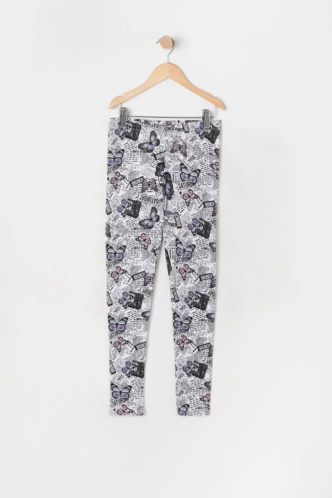 Girls Soft Newspaper And Butterfly Print Legging