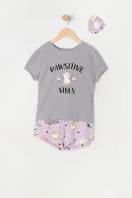Girls Pawsitive Cat Graphic 3-Piece Pajama Set