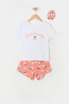 Girls Peach Graphic 3-Piece Pajama Set