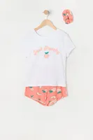 Girls Peach Graphic 3-Piece Pajama Set