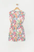 Girls Floral Print Drawstring Dress