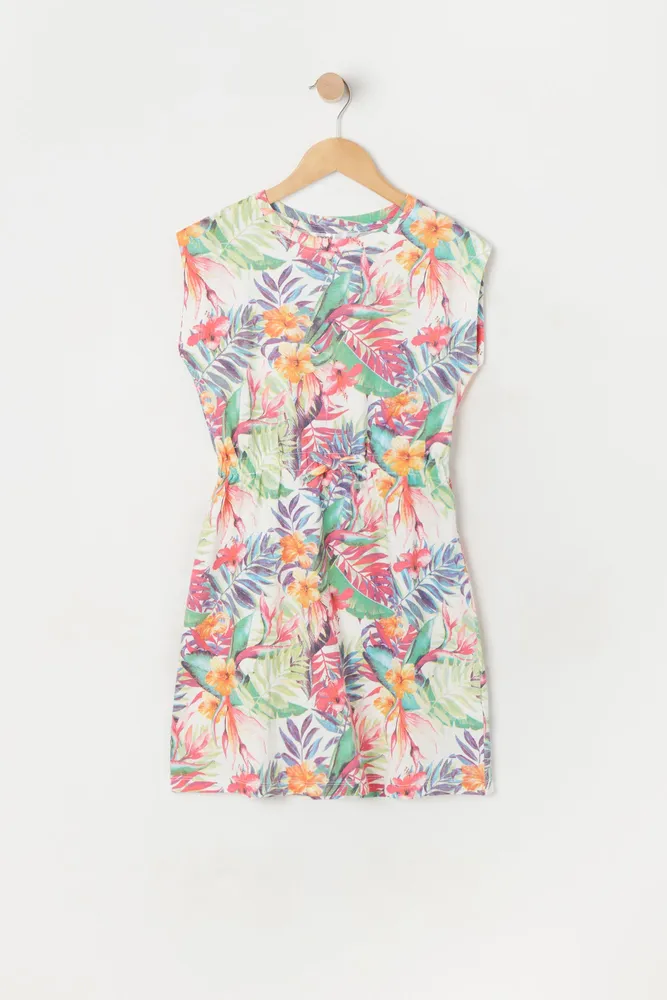 Girls Floral Print Drawstring Dress