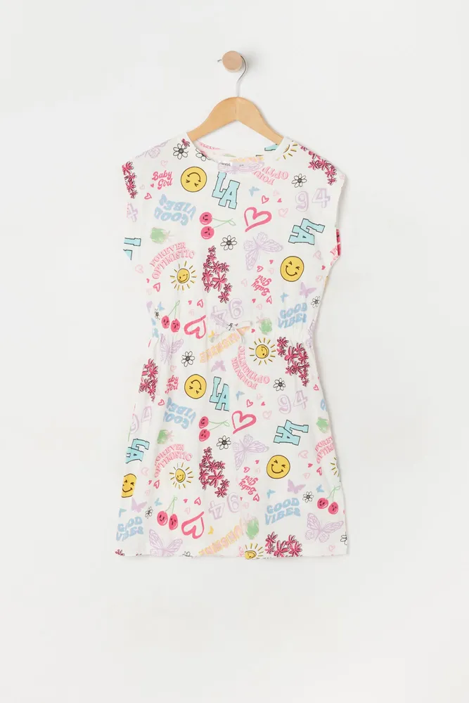 Girls Girly Emoji Print Drawstring Dress