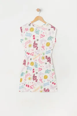 Girls Girly Emoji Print Drawstring Dress