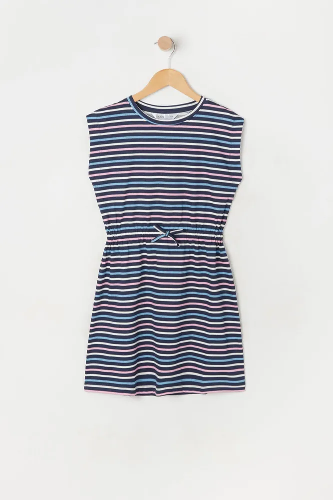 Girls Striped Print Drawstring Dress