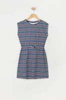 Girls Striped Print Drawstring Dress