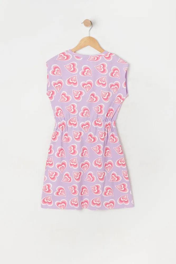 Girls Heart Print Drawstring Dress