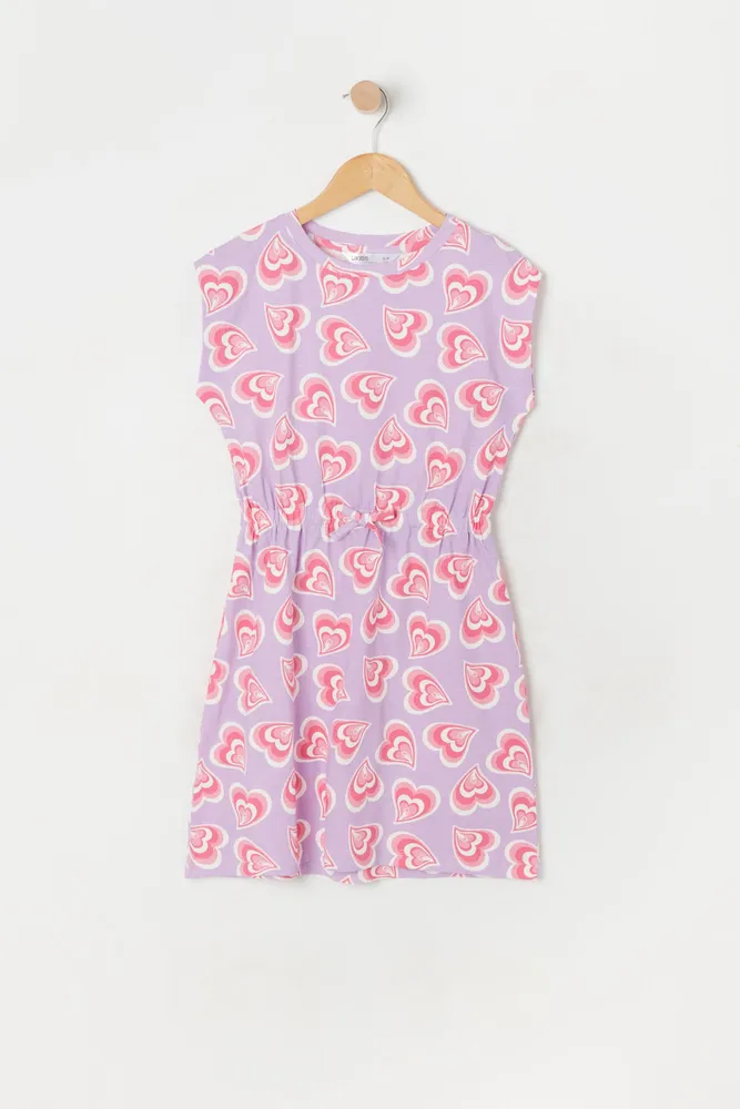 Girls Heart Print Drawstring Dress