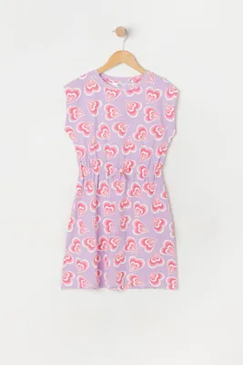 Girls Heart Print Drawstring Dress
