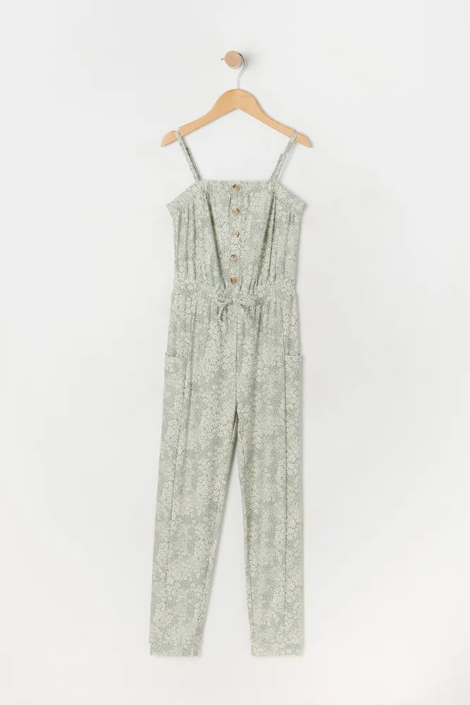 Girls Soft Floral Print Button-Up Jumpsuit