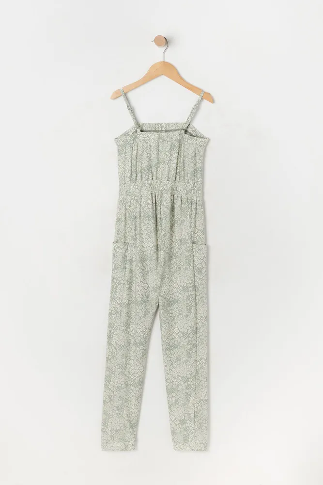 Girls Soft Floral Print Button-Up Jumpsuit