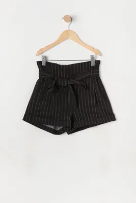 Girls Striped Belted Paperbag Short