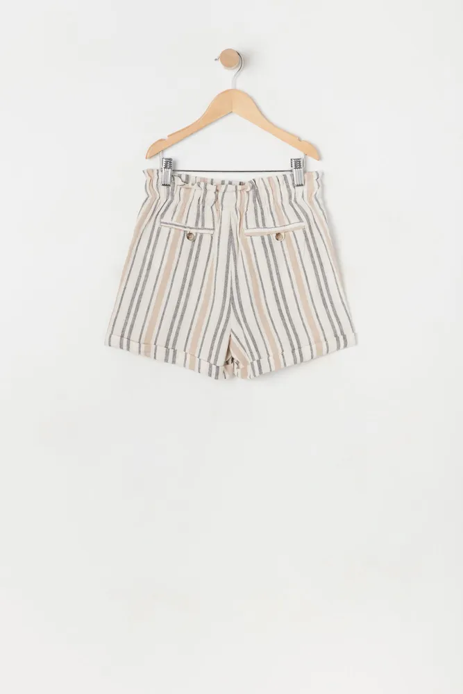 Girls Striped Linen Paperbag Drawstring Short