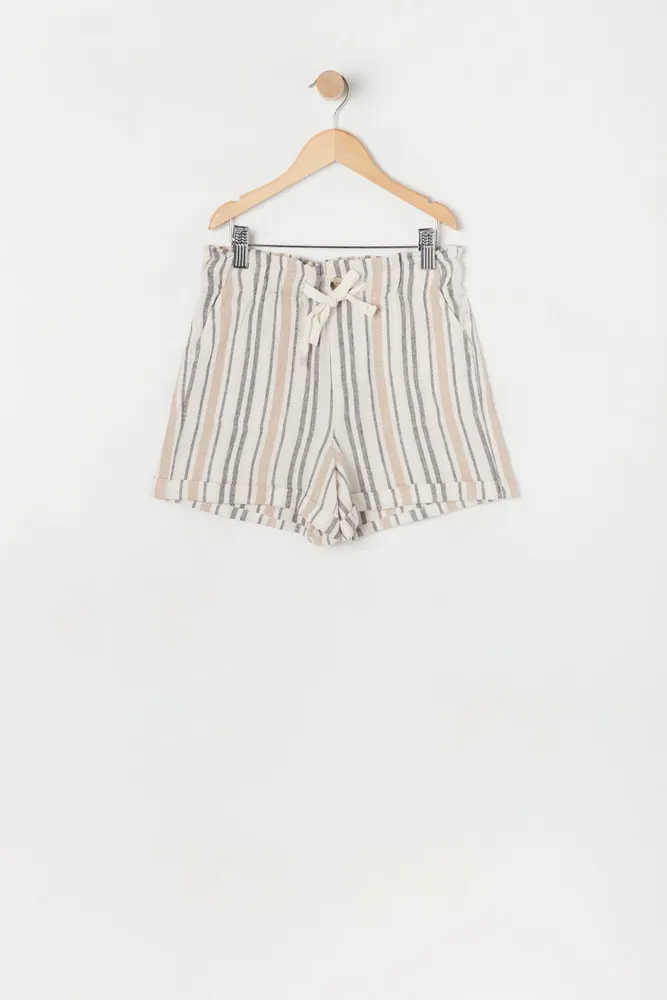 Girls Striped Linen Paperbag Drawstring Short