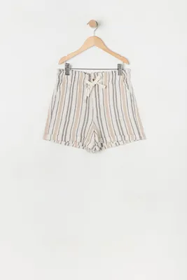 Girls Striped Linen Paperbag Drawstring Short