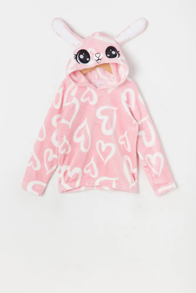 Girls Plush Heart Print Bunny Critter Hoodie