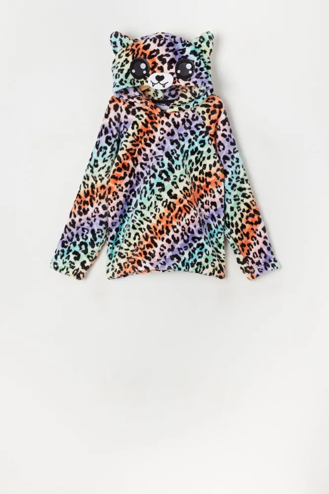 Girls Plush Rainbow Print Cheetah Critter Hoodie