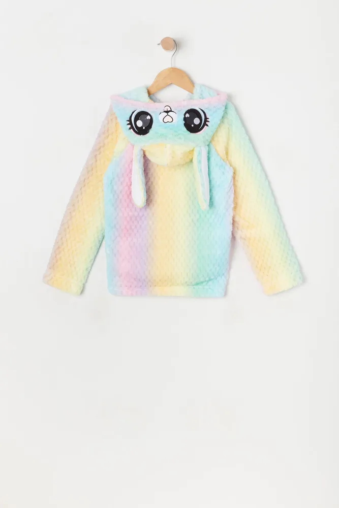 Girls Plush Rainbow Print Bunny Critter Hoodie