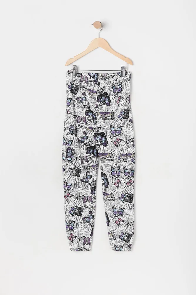 Girls Butterfly Print Cargo Fleece Jogger