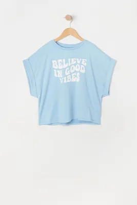 Girls Rolled Sleeve Believe Good Vibes Graphic T-Shirt