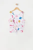 Girls Front Tie Emoji Print Tank Top