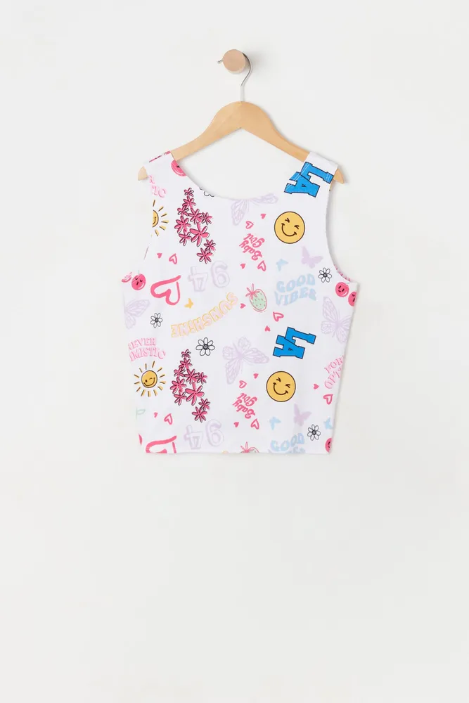 Girls Front Tie Emoji Print Tank Top