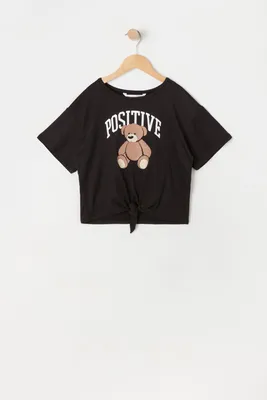 Girls Front Tie Positive Bear Graphic T-Shirt