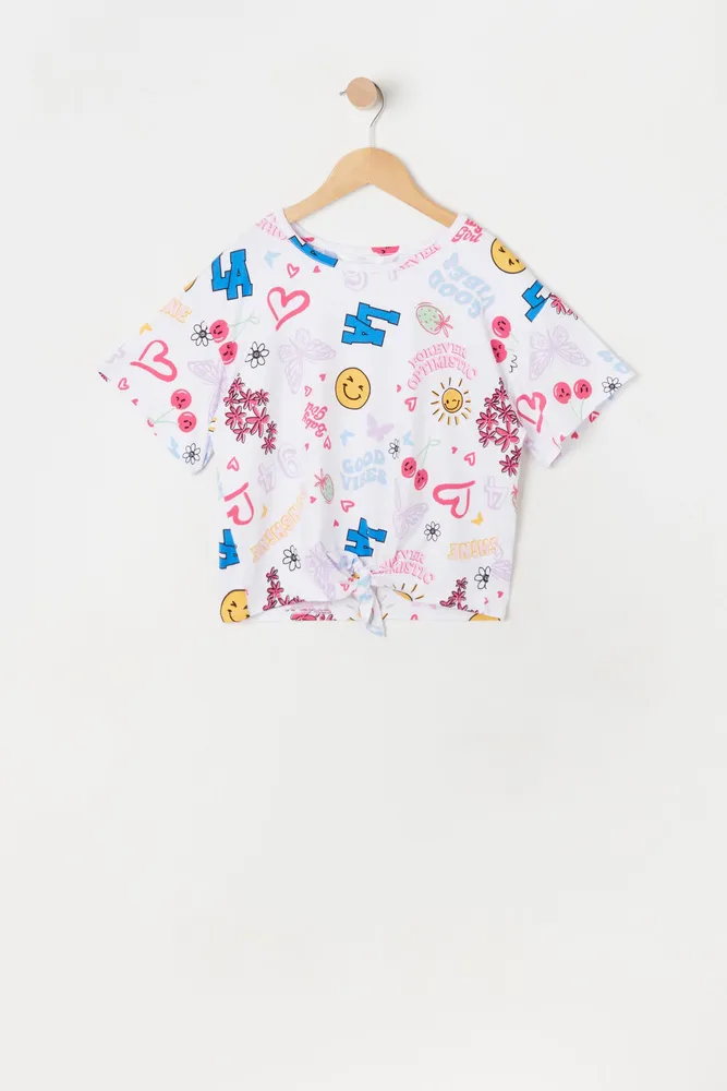 Girls Front Tie Emoji Print T-Shirt