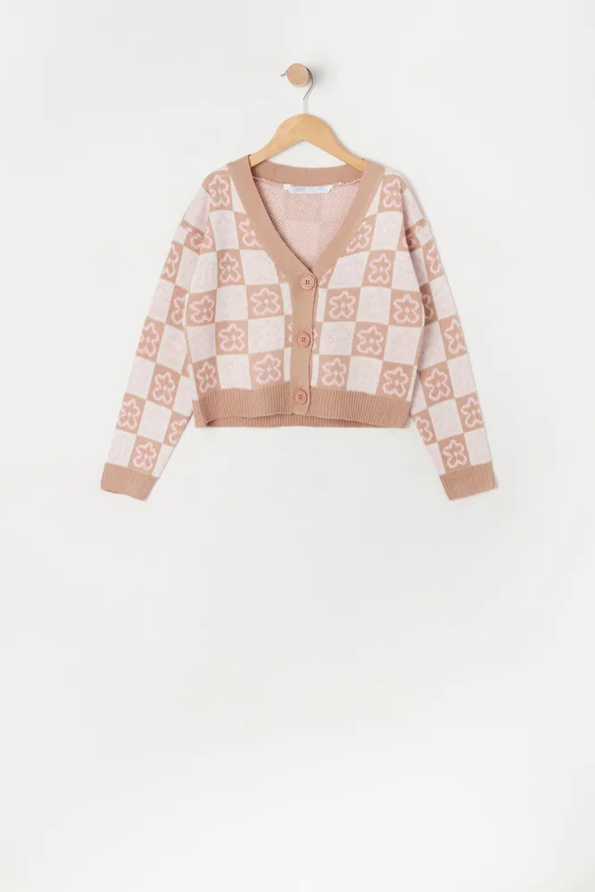Girls Checkered Print Jacquard-Knit Button-Up Cardigan