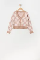 Girls Checkered Print Jacquard-Knit Button-Up Cardigan