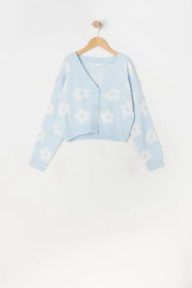 Girls Daisy Print Jacquard-Knit Button-Up Cardigan