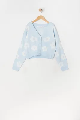Girls Blue Daisy Print Jacquard-Knit Button-Up Cardigan