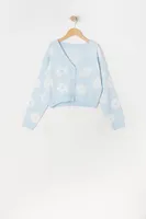 Girls Blue Daisy Print Jacquard-Knit Button-Up Cardigan