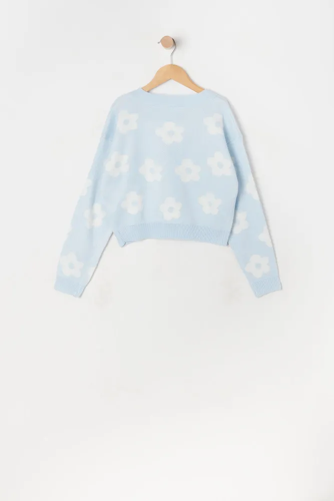 Girls Daisy Print Jacquard-Knit Button-Up Cardigan
