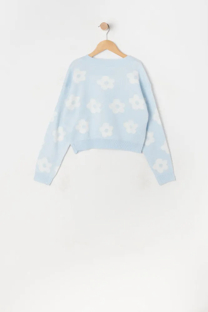 Girls Blue Daisy Print Jacquard-Knit Button-Up Cardigan