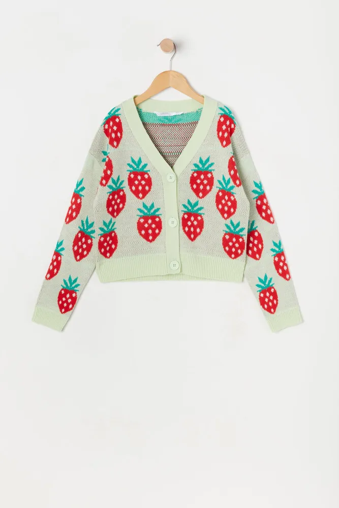 Girls Strawberry Print Jacquard-Knit Button-Up Cardigan