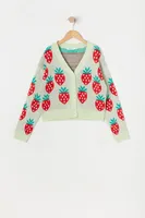 Girls Strawberry Print Jacquard-Knit Button-Up Cardigan