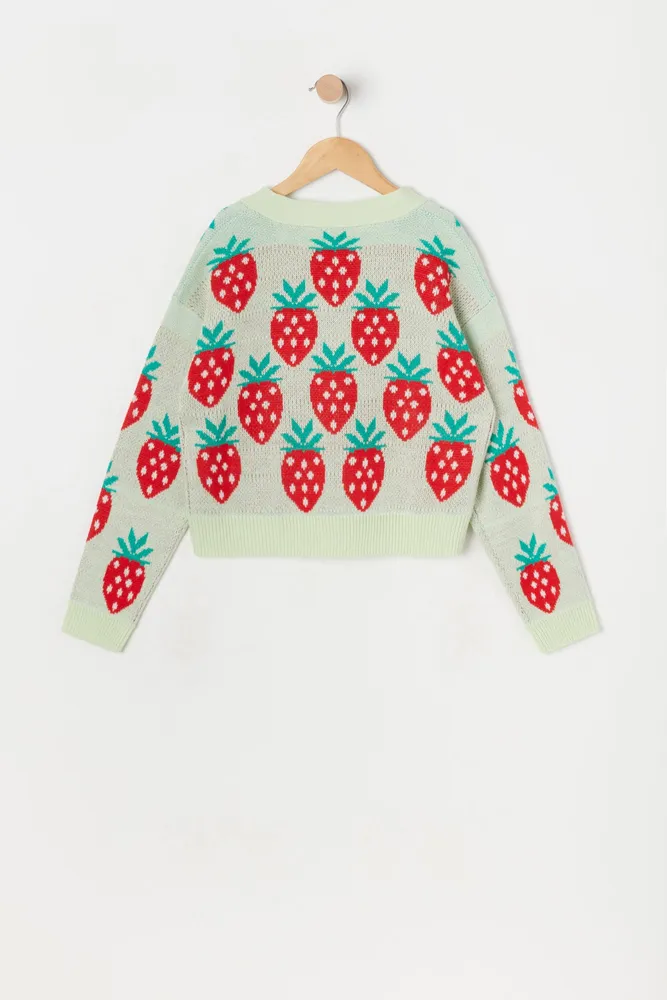 Girls Strawberry Print Jacquard-Knit Button-Up Cardigan