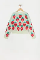 Girls Strawberry Print Jacquard-Knit Button-Up Cardigan