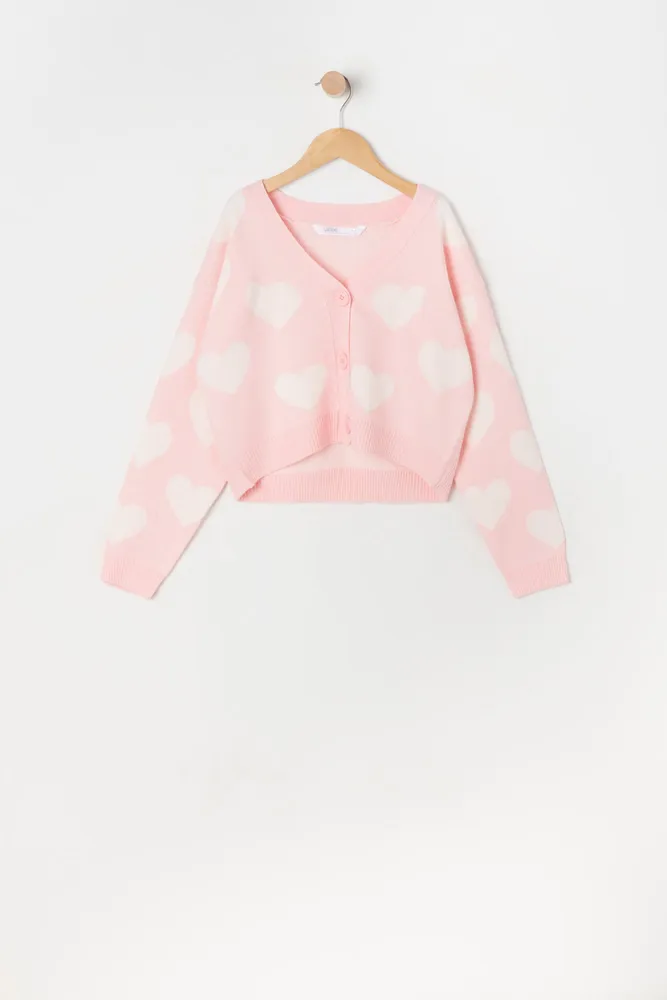 Girls Heart Print Jacquard-Knit Button-Up Cardigan