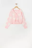 Girls Heart Print Jacquard-Knit Button-Up Cardigan