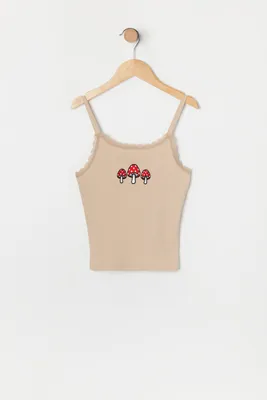 Girls Lace Trim Mushroom Embroidered Cami