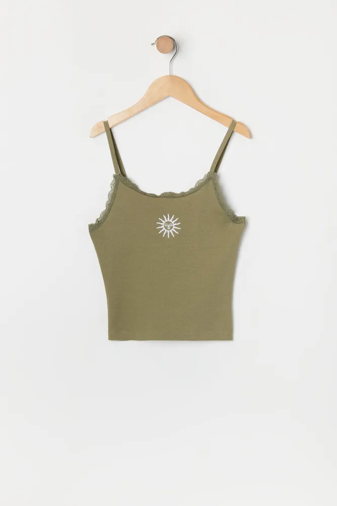 Girls Lace Trim Sun Embroidered Cami