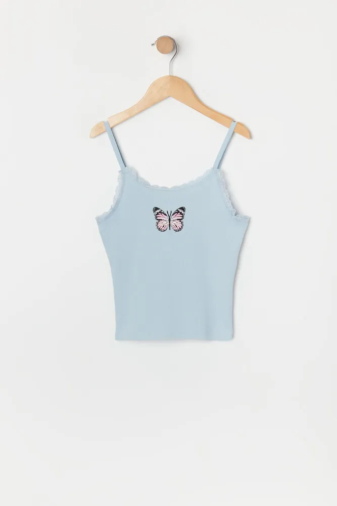 Girls Lace Trim Butterfly Embroidered Cami