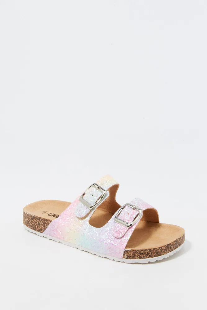 Girls Glitter Rainbow Print Double Buckle Sandal