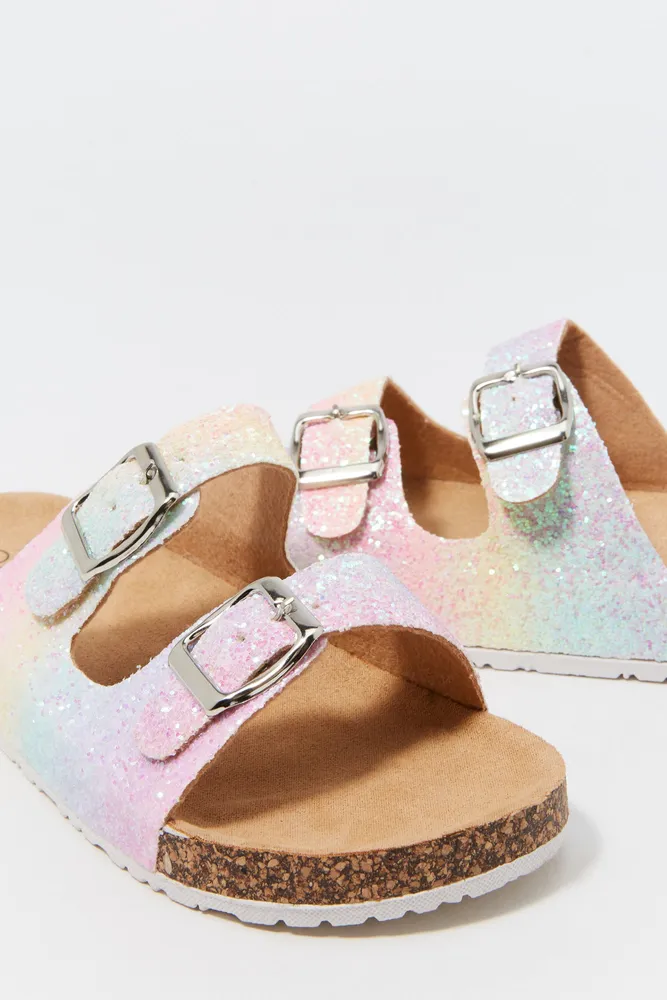 Girls Glitter Rainbow Print Double Buckle Sandal