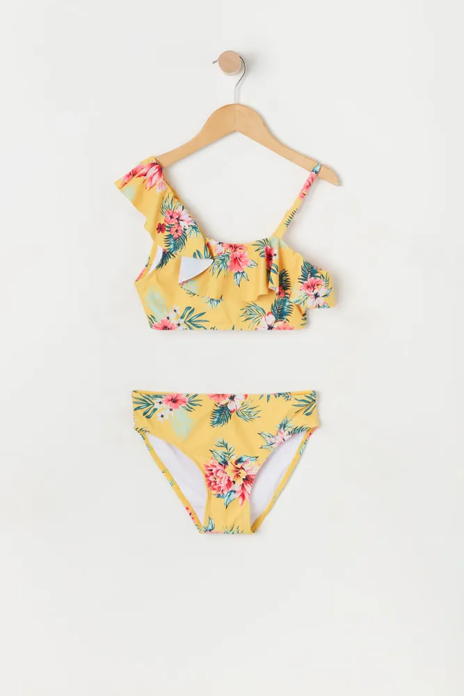 Girls Tropical Print One Shoulder 2 Piece Swimsuit