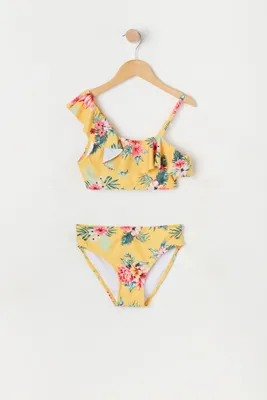 Girls Tropical Print One Shoulder 2 Piece Swimsuit