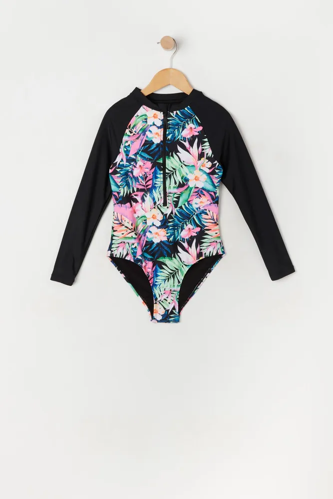 Kids Girls Tropical Flower One Piece Swimsuits Swimwear Long Sleeve Rash  Guard Zipper Front Bathing Suit 