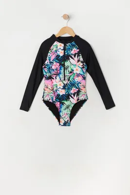 Girls Tropical Print Front Zip Rashguard One Piece Swimsuit